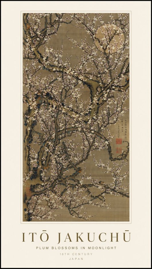 Itō Jakuchū Plum Blossoms in Moonlight No1 - Affiche