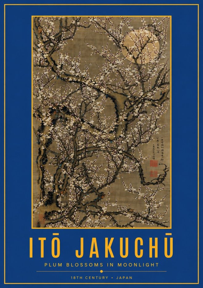 Itō Jakuchū Plum Blossoms in Moonlight No3 - Affiche