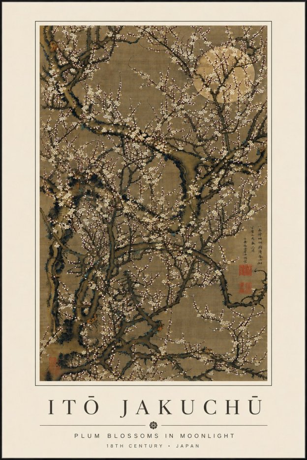 Itō Jakuchū Plum Blossoms in Moonlight No6 - Affiche