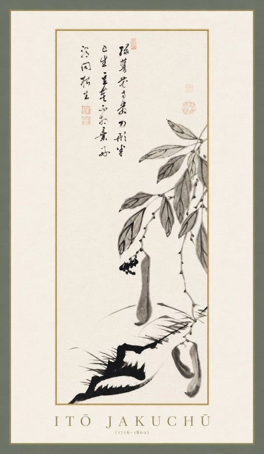Itō Jakuchū Branch with Pods and Calligraphy No1 - Affiche