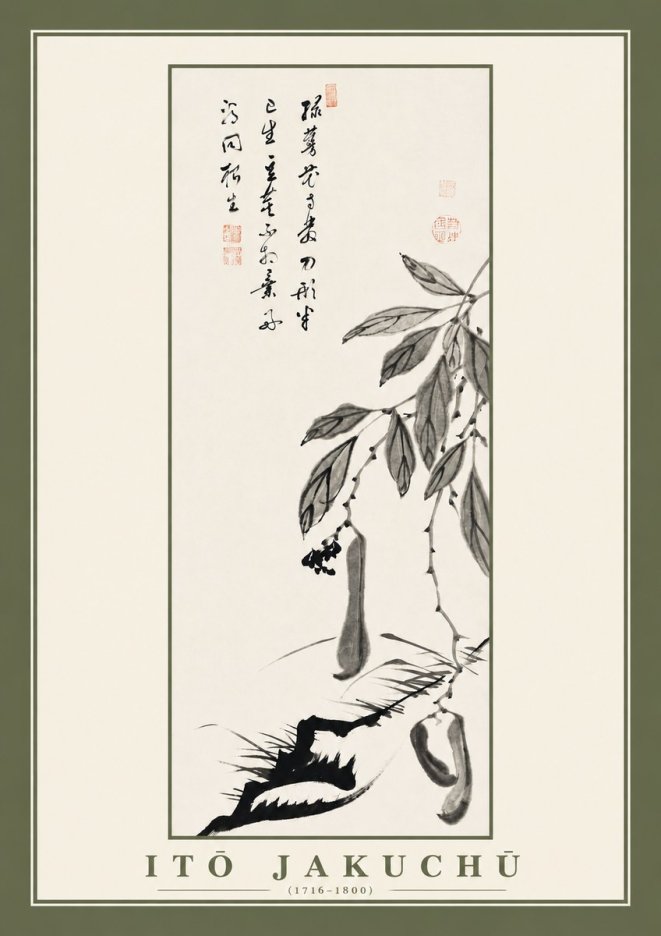 Itō Jakuchū Branch with Pods and Calligraphy No2 - Affiche