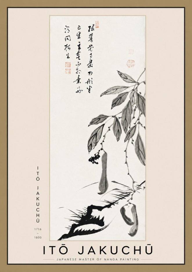 Itō Jakuchū Branch with Pods and Calligraphy No3 - Affiche