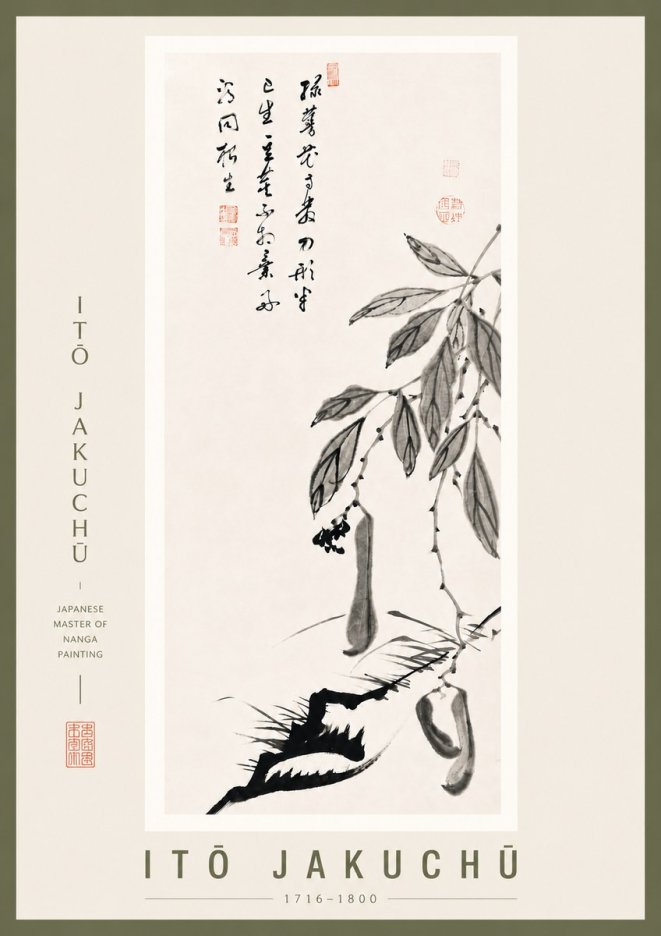 Itō Jakuchū Branch with Pods and Calligraphy No5 - Affiche