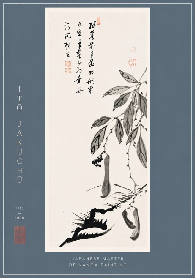 Itō Jakuchū Branch with Pods and Calligraphy No6 - Affiche