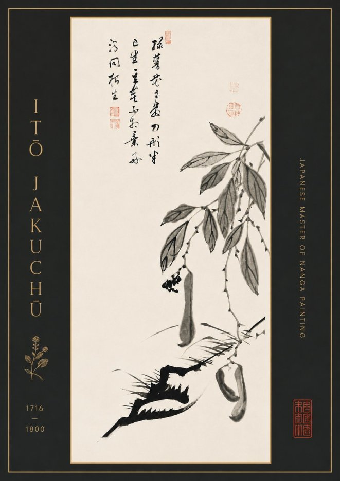 Itō Jakuchū Branch with Pods and Calligraphy No7 - Affiche