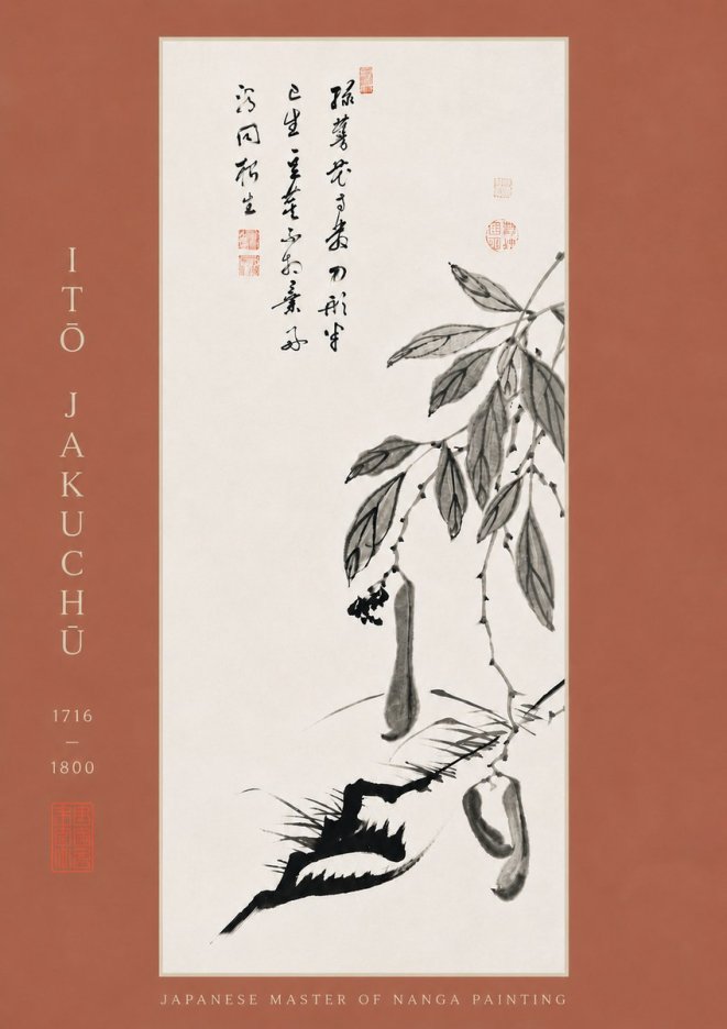 Itō Jakuchū Branch with Pods and Calligraphy No8 - Affiche