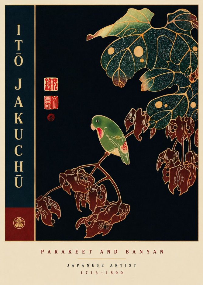Itō Jakuchū Parakeet and Banyan No6 - Affiche
