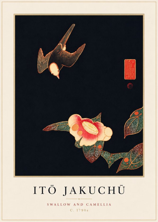 Itō Jakuchū Swallow and Camellia No3 - Affiche