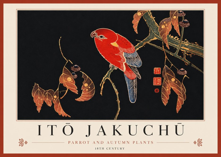 Itō Jakuchū Parrot and Autumn Plants No3 - Affiche