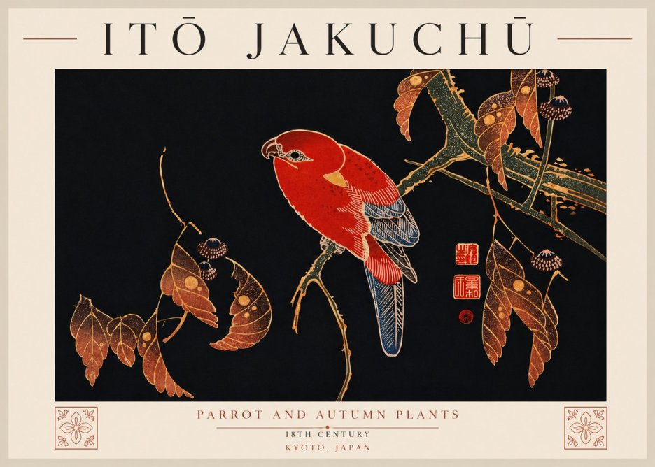 Itō Jakuchū Parrot and Autumn Plants No7 - Affiche