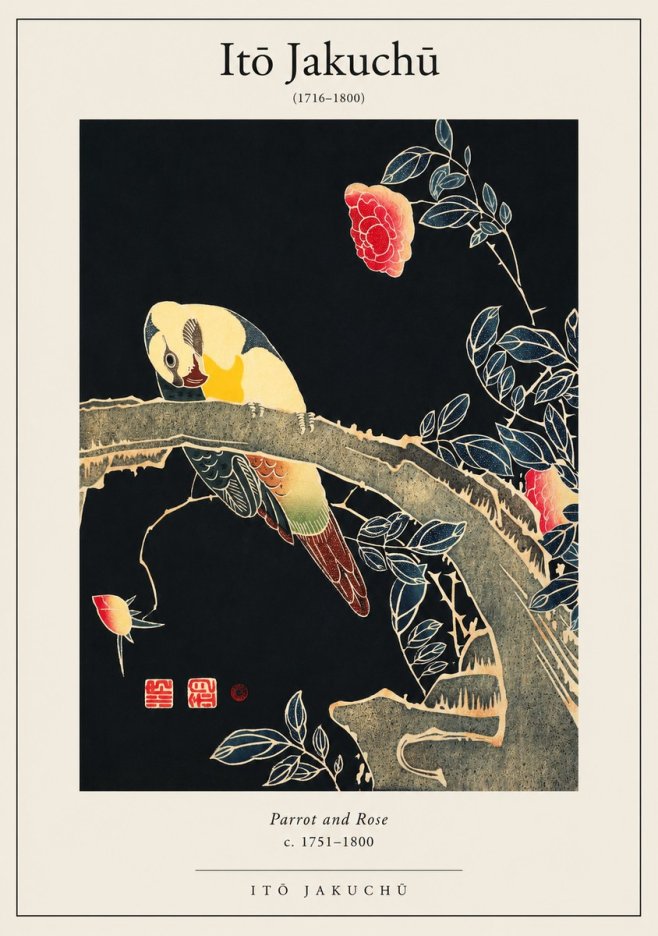 Itō Jakuchū Parrot and Rose No1 - Affiche