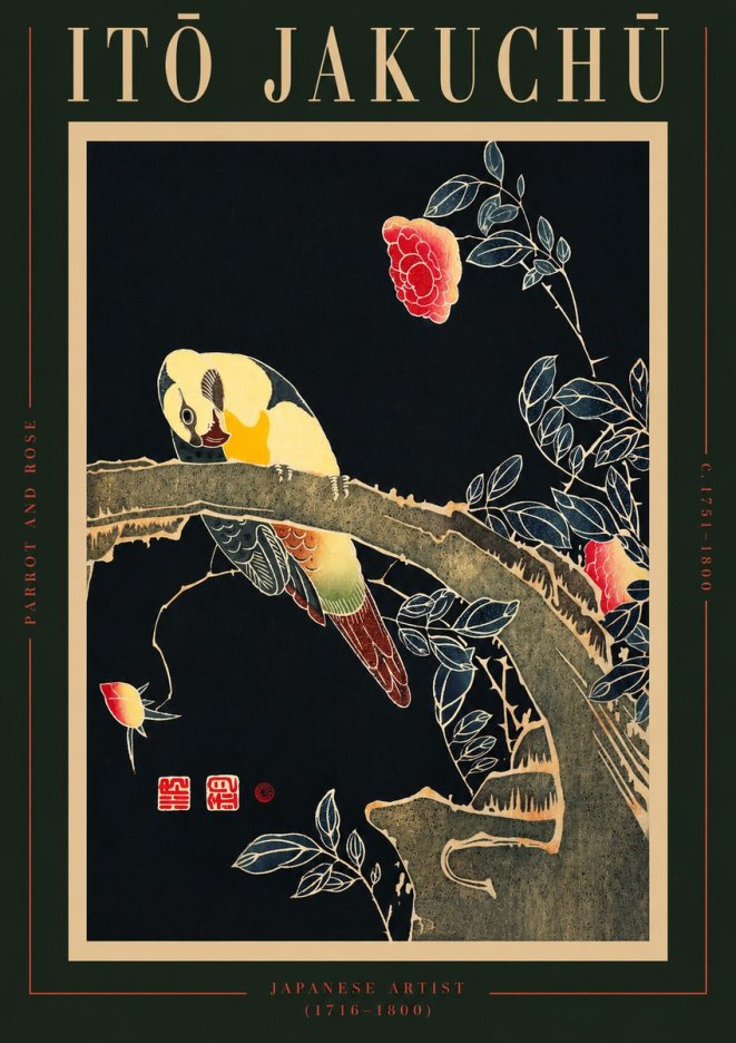 Itō Jakuchū Parrot and Rose No2 - Affiche