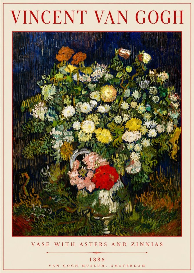 Van Gogh Vase with Asters and Zinnias No6 - Affiche