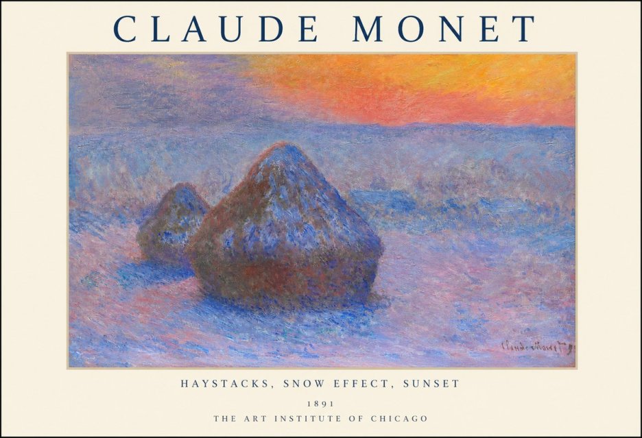 Monet Haystacks, Snow Effect, Sunset No1 - Affiche