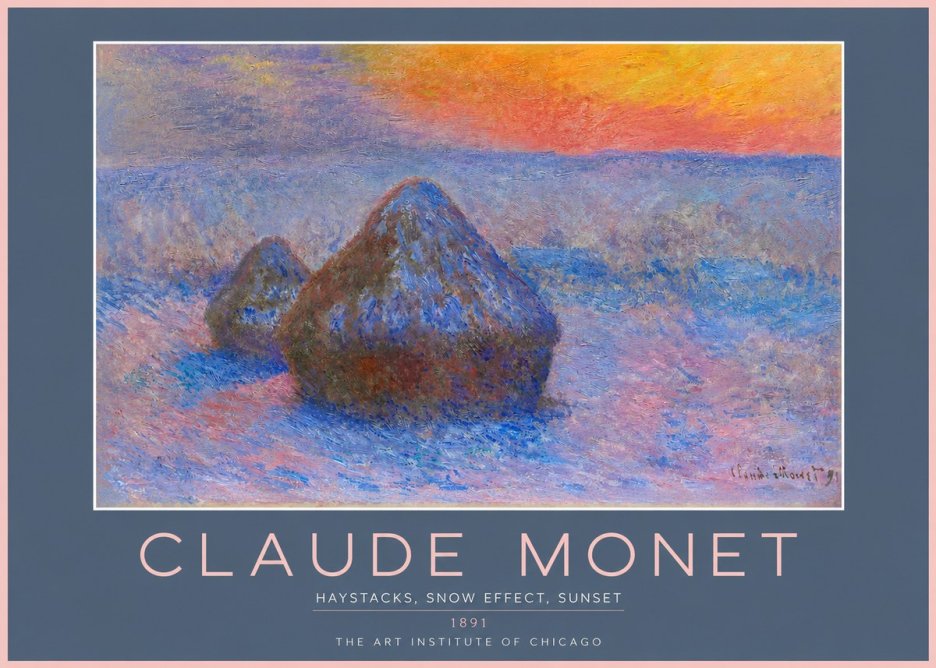 Monet Haystacks, Snow Effect, Sunset No2 - Affiche