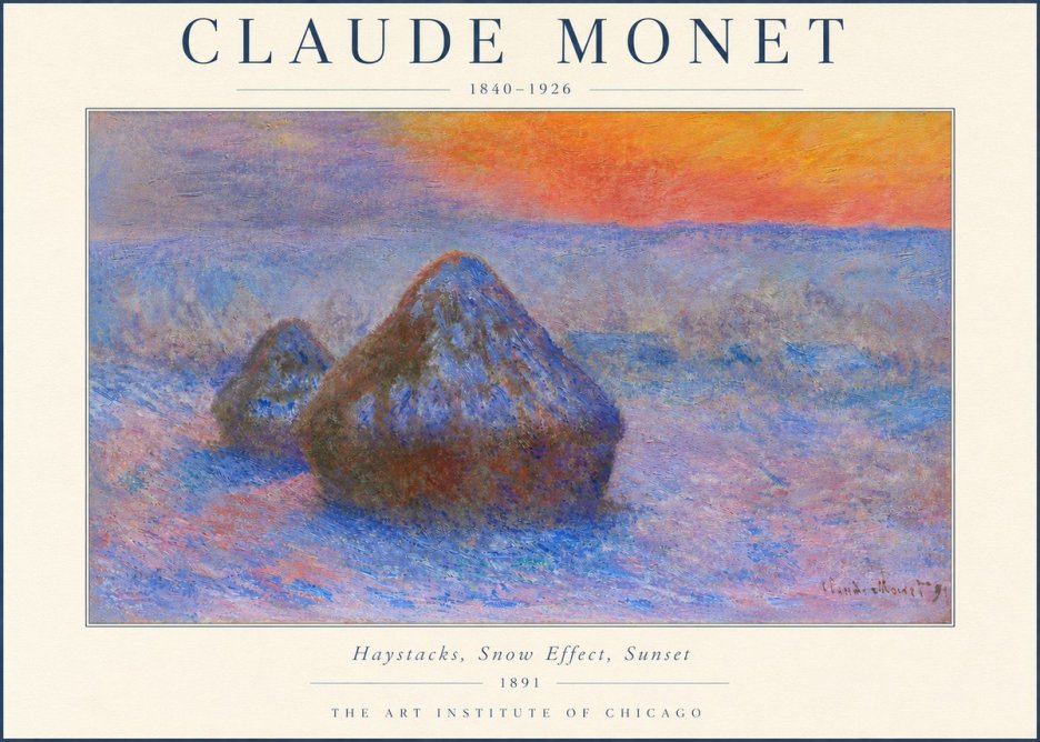 Monet Haystacks, Snow Effect, Sunset No3 - Affiche