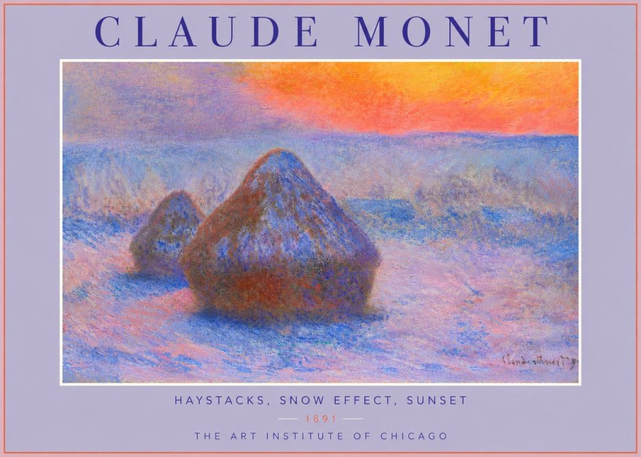 Monet Haystacks, Snow Effect, Sunset No4 - Affiche