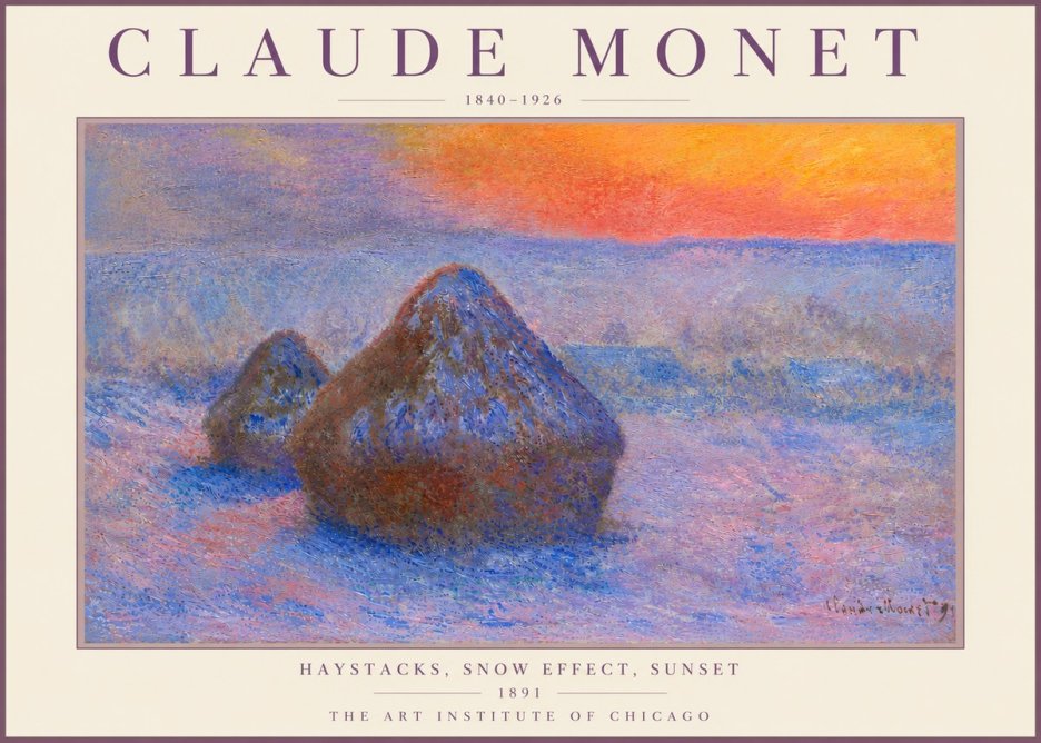 Monet Haystacks, Snow Effect, Sunset No6 - Affiche
