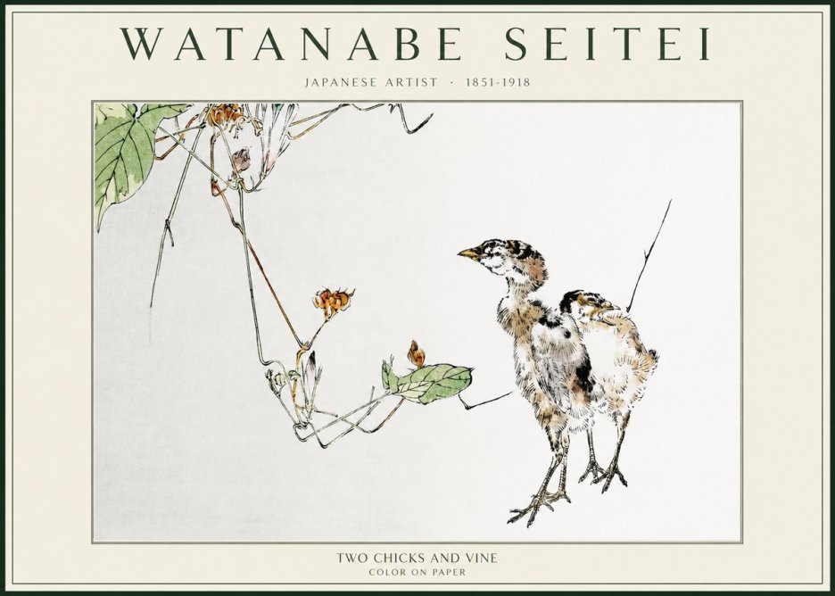 Watanabe Seitei Two Chicks and Vine No1 - Affiche