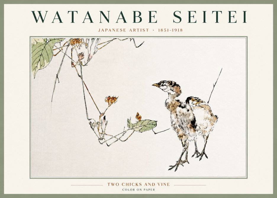 Watanabe Seitei Two Chicks and Vine No4 - Affiche