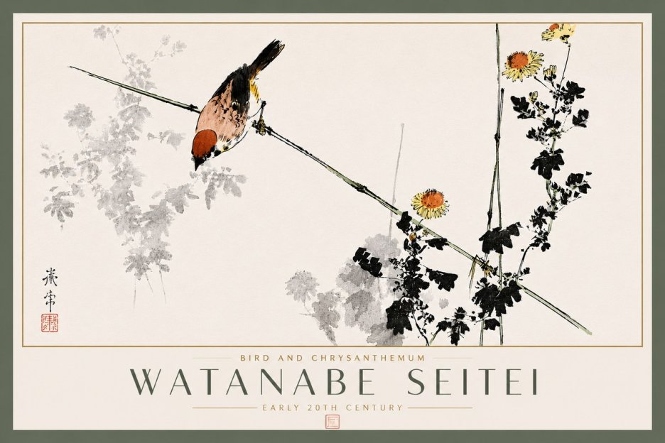 Watanabe Seitei Bird and Chrysanthemum No5 - Affiche