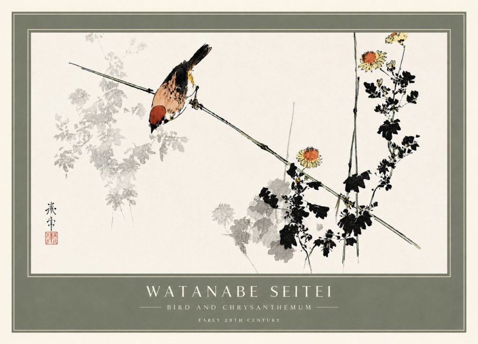 Watanabe Seitei Bird and Chrysanthemum No6 - Affiche