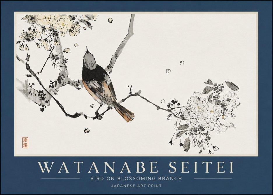 Watanabe Seitei Bird on Blossoming Branch No3 - Affiche