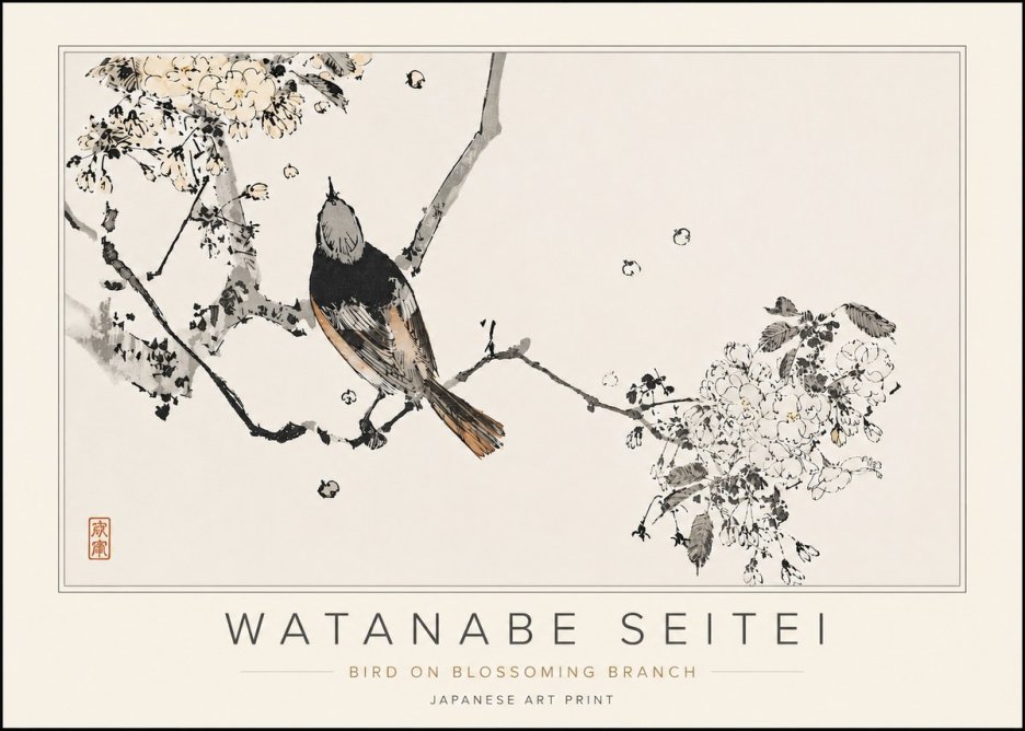 Watanabe Seitei Bird on Blossoming Branch No5 - Affiche
