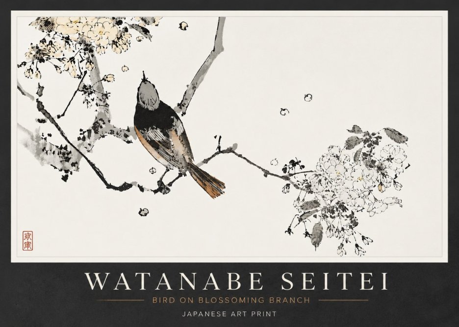 Watanabe Seitei Bird on Blossoming Branch No6 - Affiche