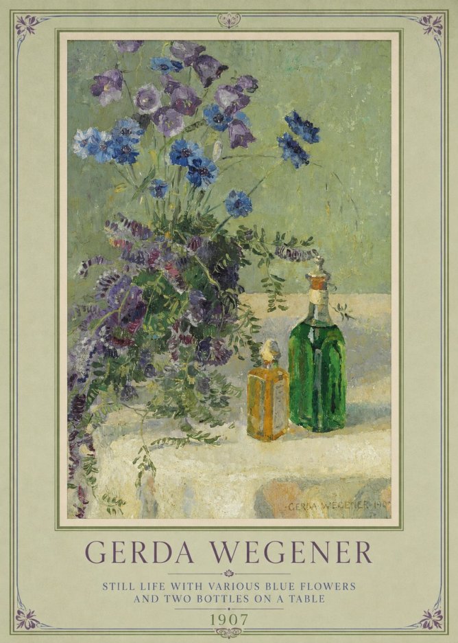 Gerda Wegener Still Life with Various Blue Flowers and Two Bottles on a Table No1 - Affiche