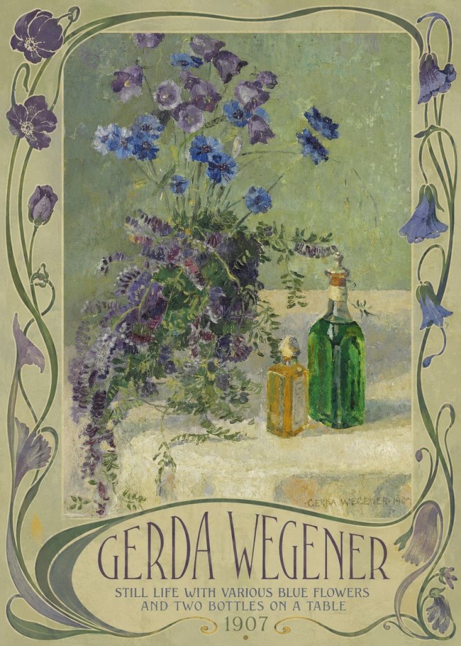 Gerda Wegener Still Life with Various Blue Flowers and Two Bottles on a Table No2 - Affiche