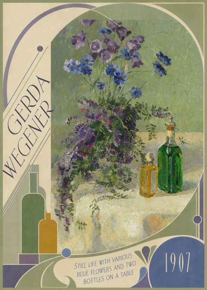 Gerda Wegener Still Life with Various Blue Flowers and Two Bottles on a Table No6 - Affiche