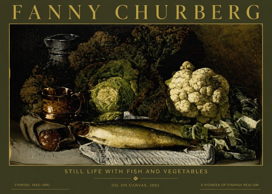 Fanny Churberg Still Life with Fish and Vegetables No4 - Affiche
