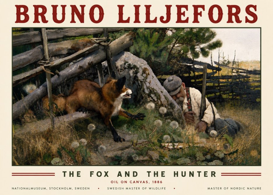 Bruno Liljefors The Fox and the Hunter No5 - Affiche