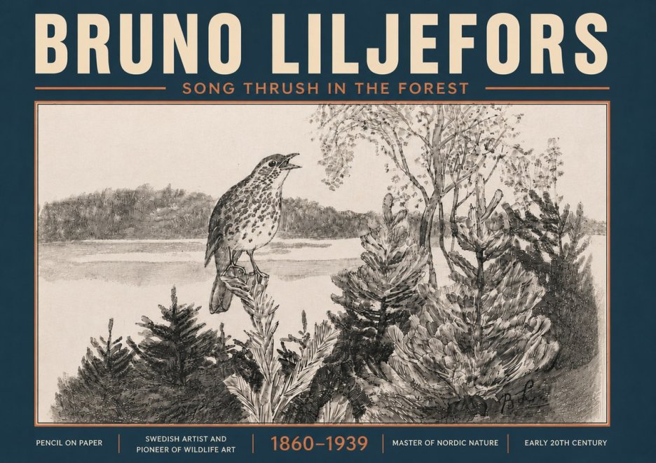 Bruno Liljefors Song Thrush in the Forest No6 - Affiche