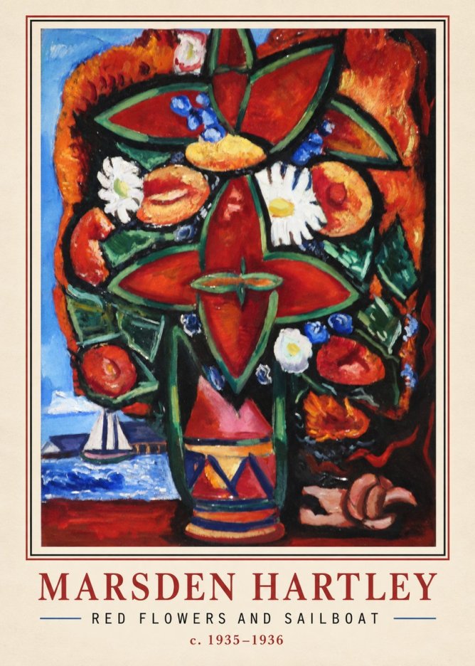 Marsden Hartley Red Flowers and Sailboat No2 - Affiche