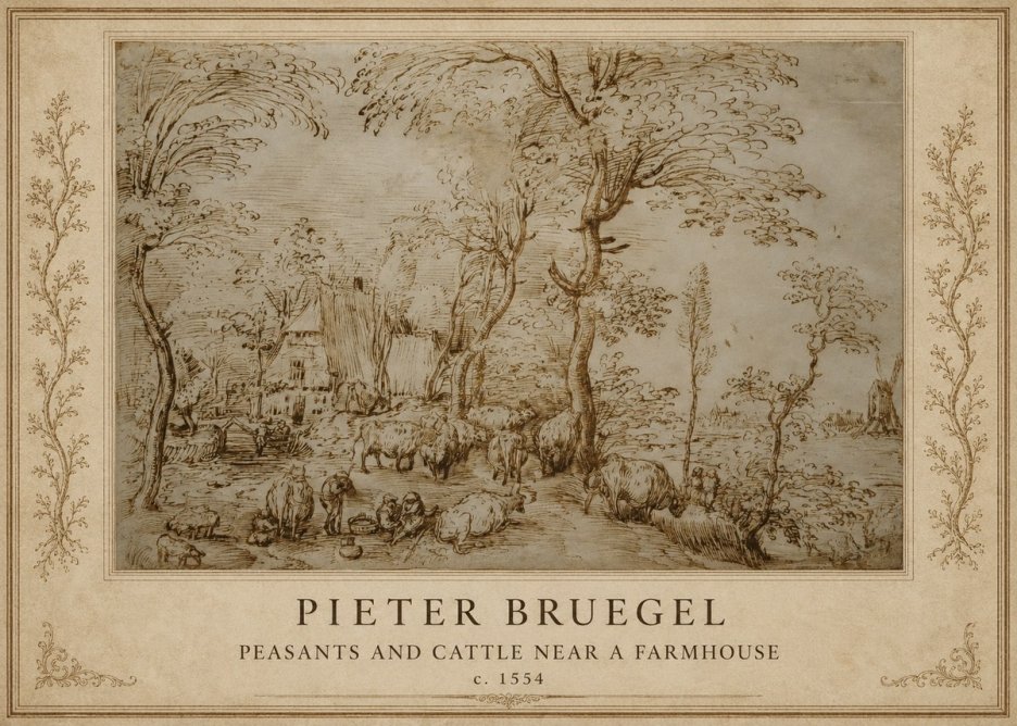 Pieter Bruegel Peasants and Cattle Near a Farmhouse No1 - Affiche
