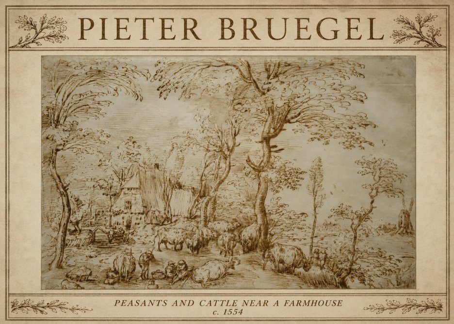 Pieter Bruegel Peasants and Cattle Near a Farmhouse No3 - Affiche
