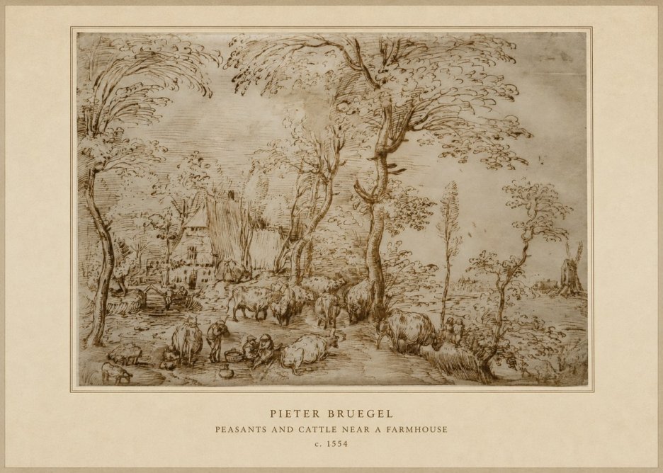 Pieter Bruegel Peasants and Cattle Near a Farmhouse No4 - Affiche