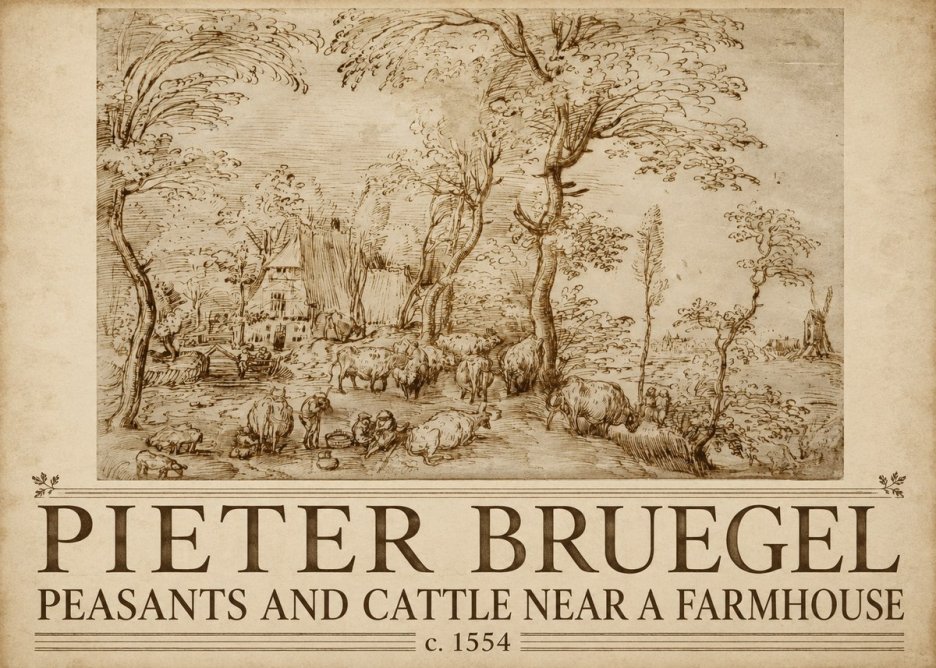 Pieter Bruegel Peasants and Cattle Near a Farmhouse No5 - Affiche