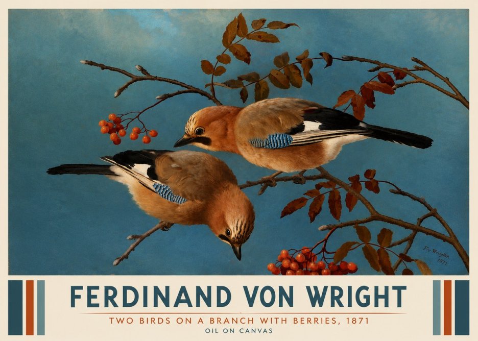 Ferdinand von Wright Two Birds on a Branch with Berries, 1871 No3 - Affiche