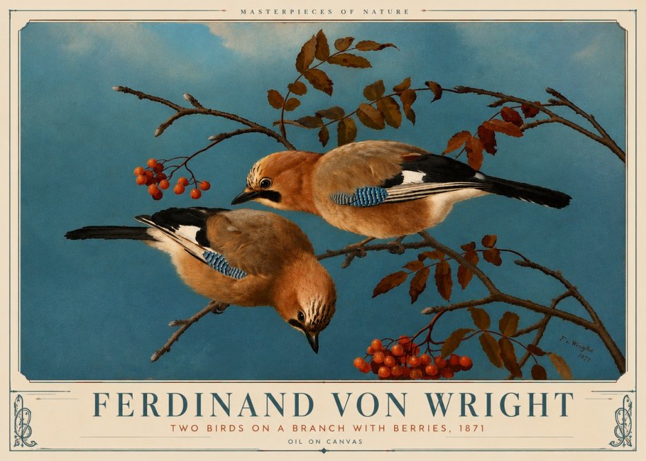 Ferdinand von Wright Two Birds on a Branch with Berries, 1871 No6 - Affiche