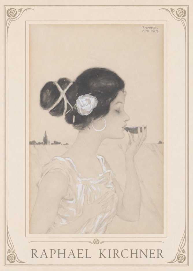 Raphael Kirchner Elegant Lady with Rose and Cup No1 - Affiche