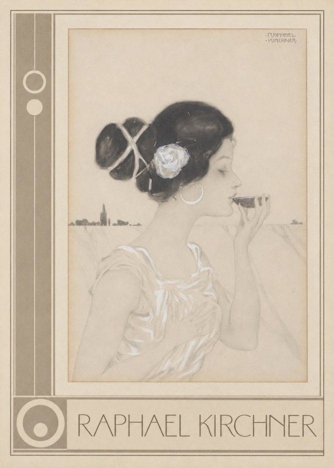 Raphael Kirchner Elegant Lady with Rose and Cup No3 - Affiche