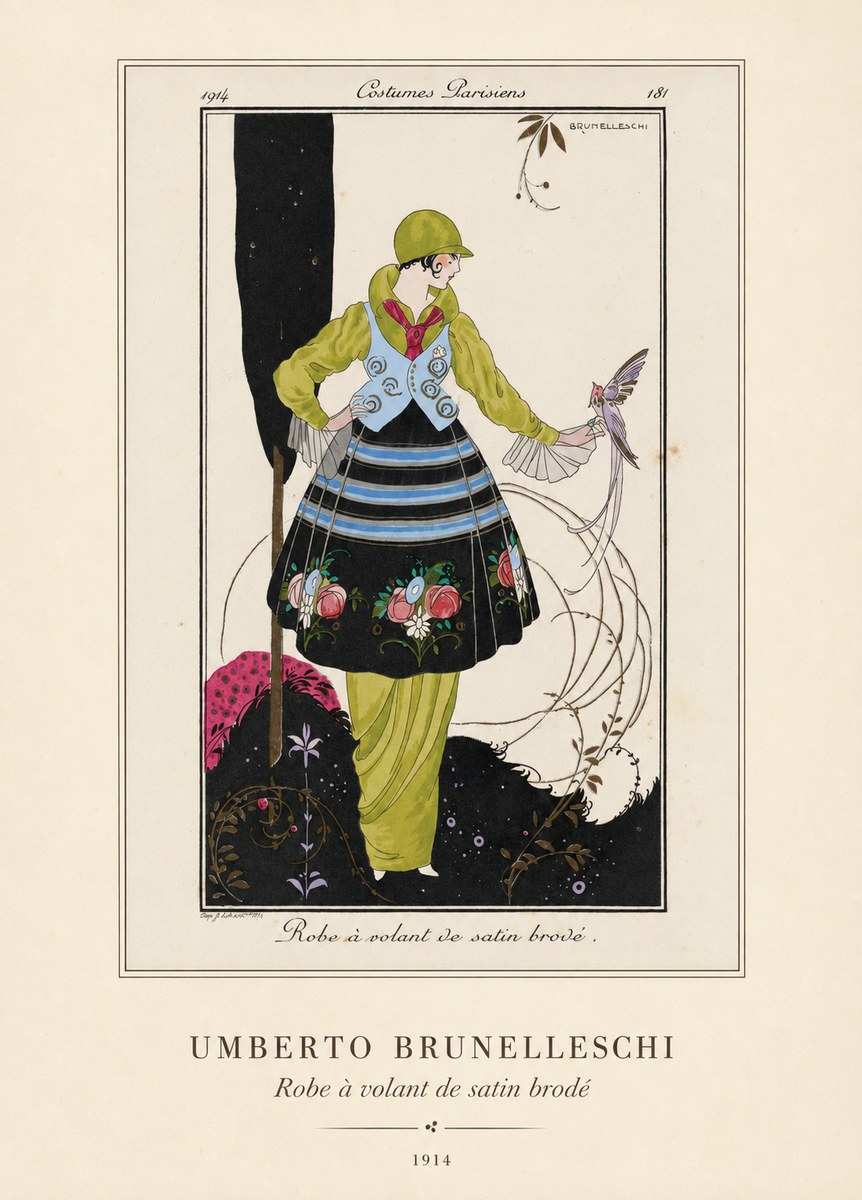 Umberto Brunelleschi Robe À Volant De Satin Brodé No4 - Affiche