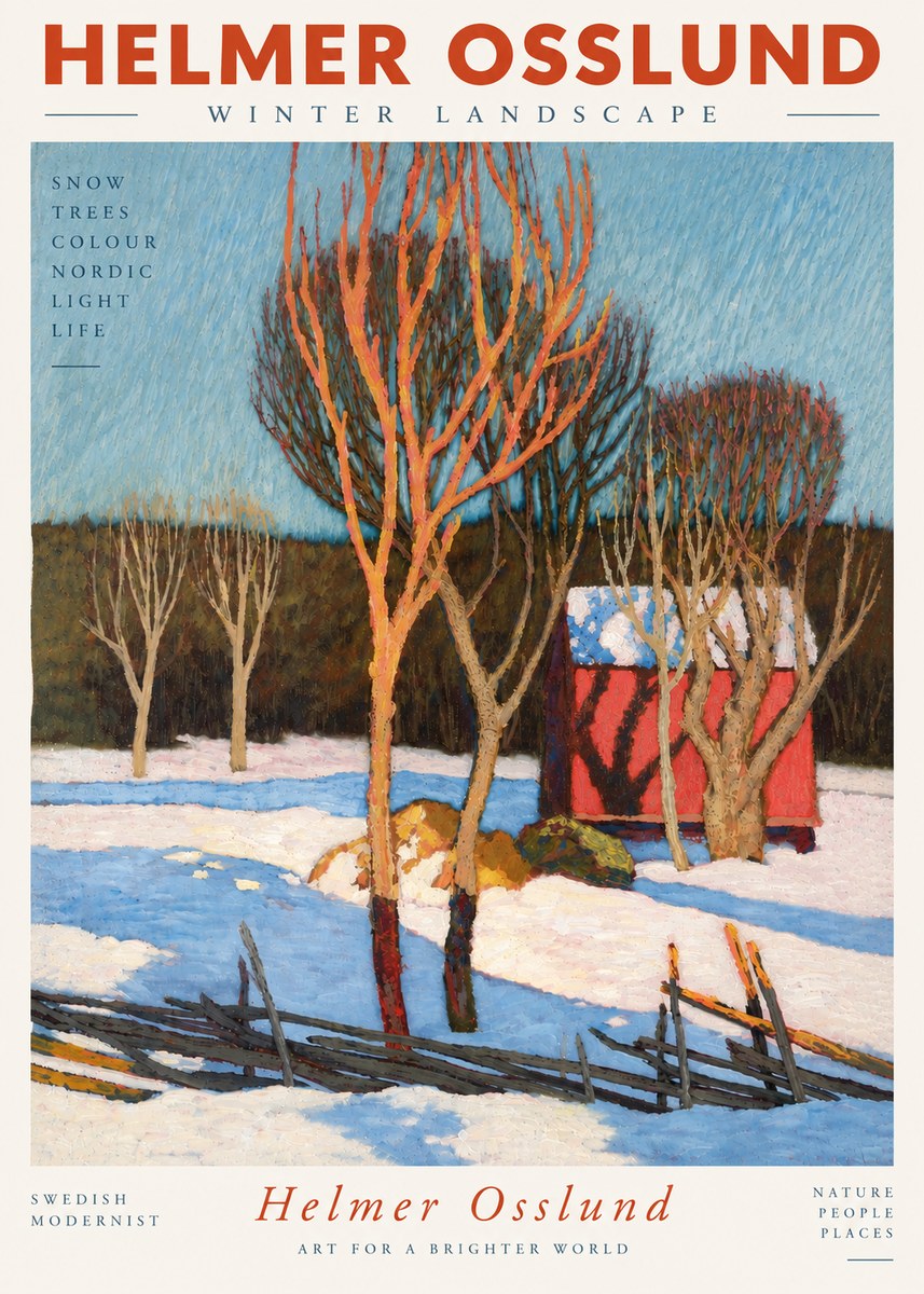 Helmer Osslund Winter Landscape with Red Barn No5 - Affiche