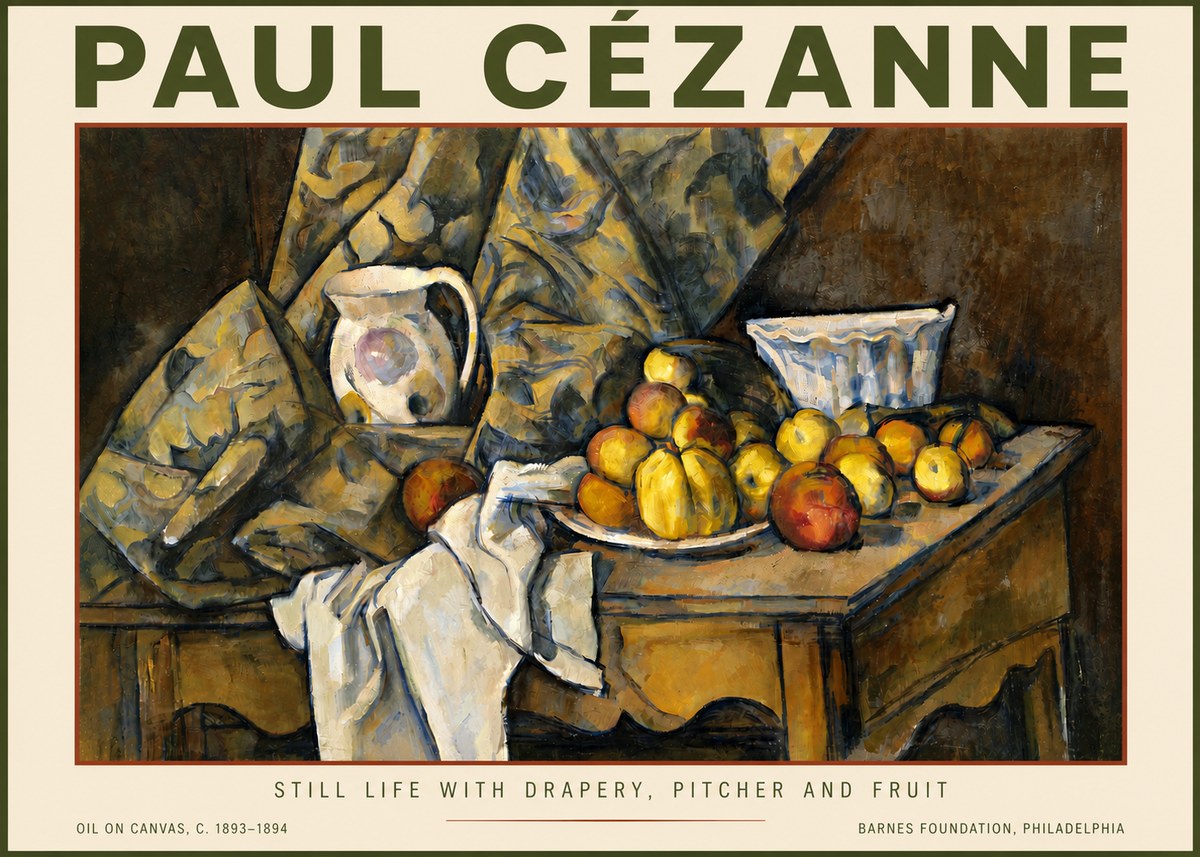 Paul Cézanne Still Life with Drapery, Pitcher and Fruit No5 - Affiche