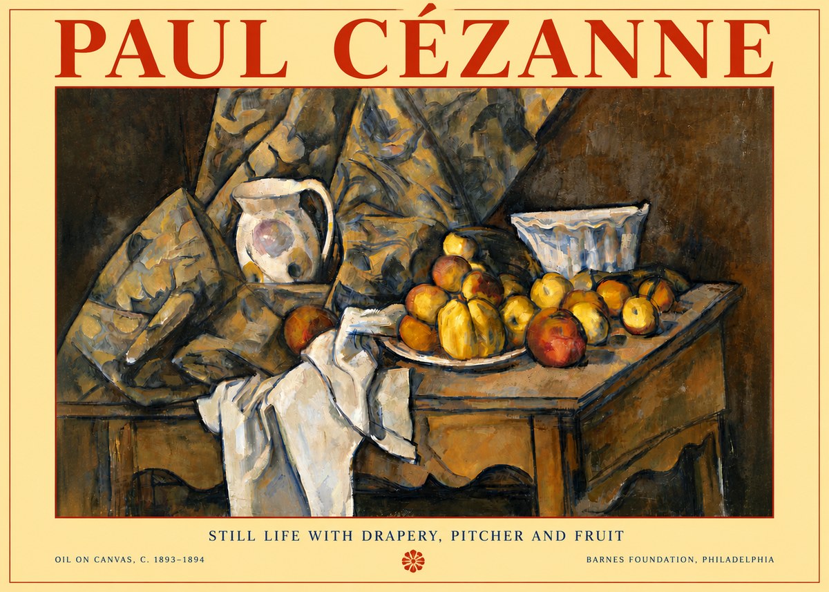 Paul Cézanne Still Life with Drapery, Pitcher and Fruit No6 - Affiche