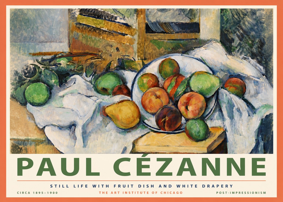 Paul Cézanne Still Life with Fruit Dish and White Drapery No4 - Affiche