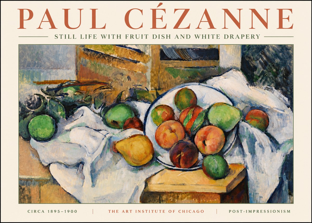 Paul Cézanne Still Life with Fruit Dish and White Drapery No5 - Affiche